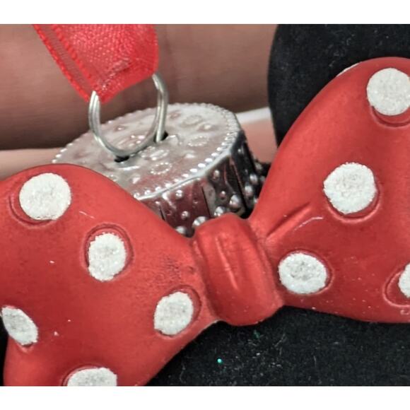 Disney Minnie Mouse Polka‑Dot Bow Glass Ornament 4″ Tall Red Black Velour Ears - Picture 6 of 7